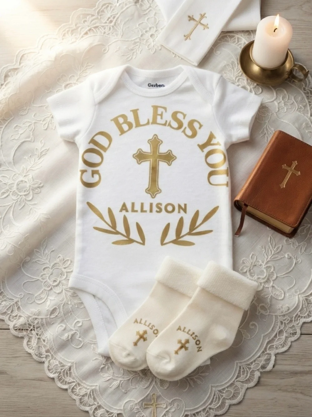 God Bless You Personalized Baby Onesie with Socks - White & Gold